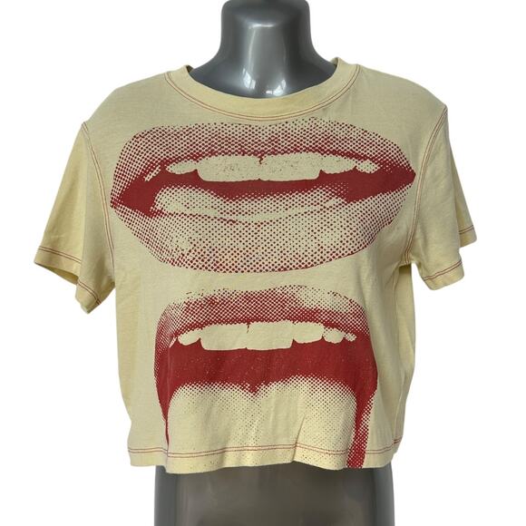 Urban Outfitters Crop Top Yellow Red Graphic Tee Mouths Smile Women's Size Small - Picture 1 of 9